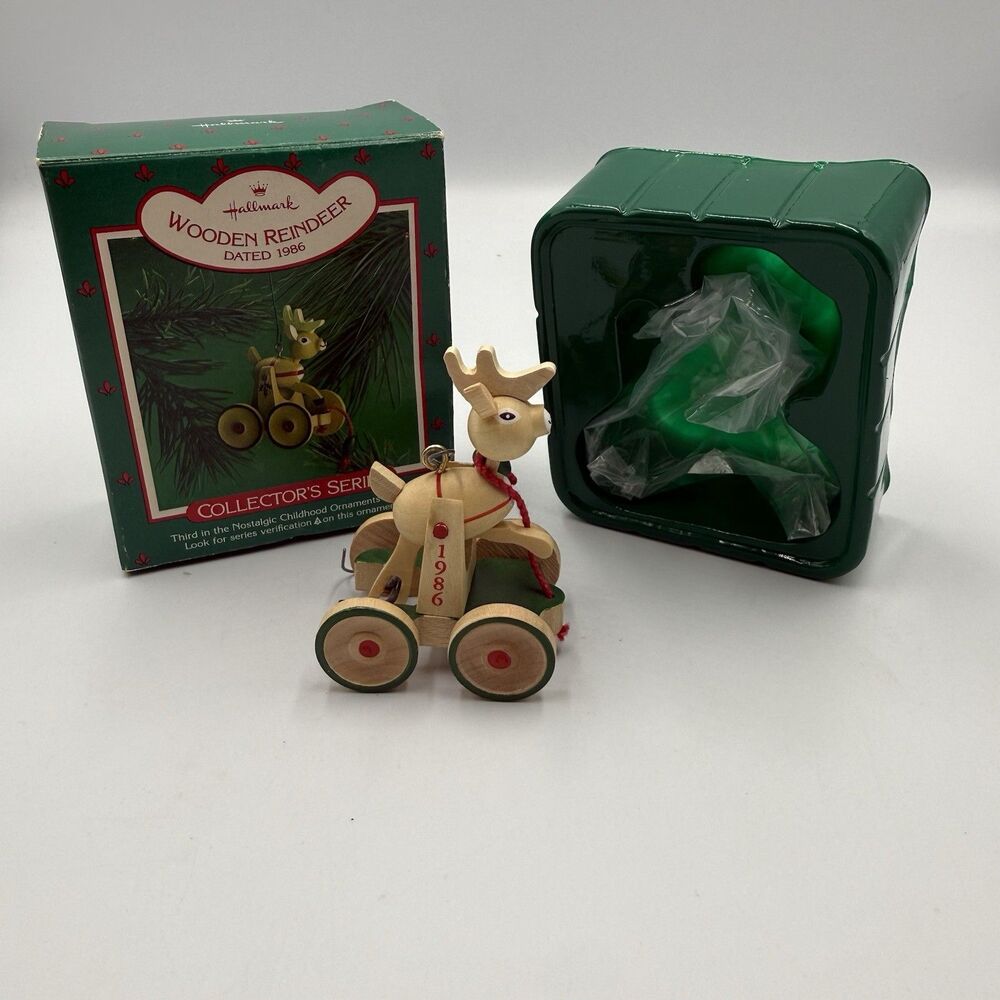 Vintage Hallmark Wooden Reindeer Keepsake Christmas Ornament 1986 Pull Toy Wheel